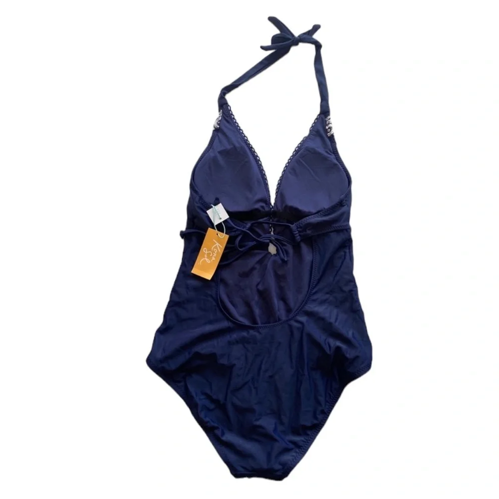 One Piece Navy‎ Blue Plunge Front Embroidered Low Back Halter Swimsuit Size M